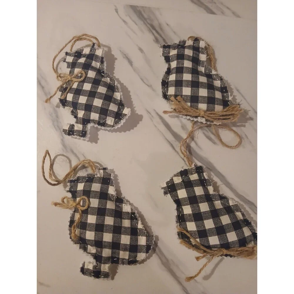 Christmas Ornaments Primitive Handmade Gift Plaid Cottage Chick - Set of 4